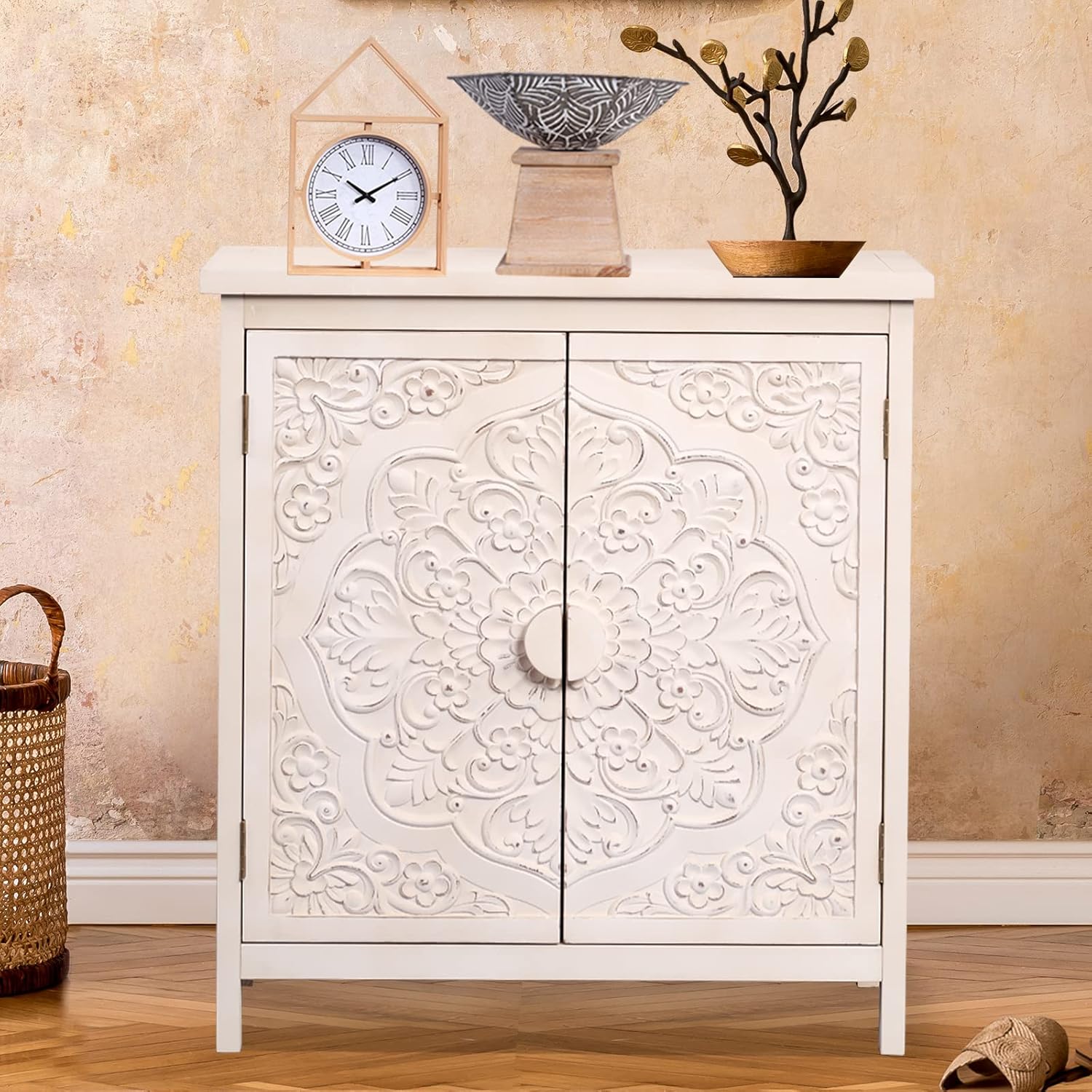 FairyHaus Accent Cabinet with Doors, Accent Cabinets for Living Room, Distressed Cabinet with Hollowed-Out Door, Wood Accent Storage Cabinet Black and White
