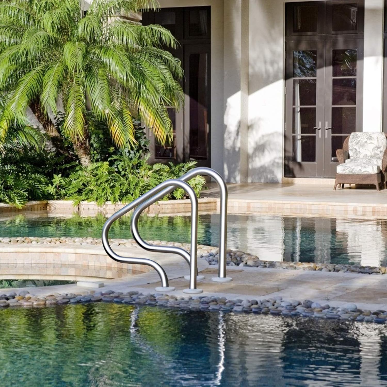 Goplus Stainless Steel Pool Ladder, 440-lb Capacity Heavy Duty Inground Split Ladder w/ Handrail and 3-Step Non-Slip Footstep