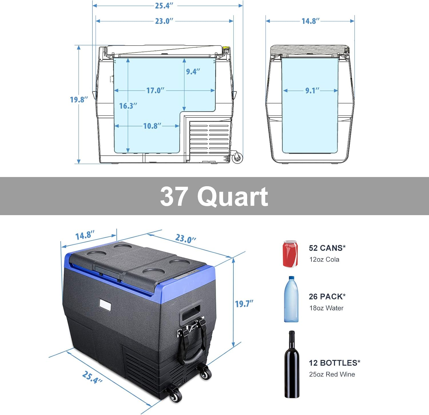 Portable Fridge Freezer, 12 Volt Refrigerator, -4℉-68℉, Electric Cooler with wheels for Car and Home, DC 12/24V, AC 110V, Car Refrigerator Compact Refrigerator for Travel, Camping, Road Trip, RV (TC35+AC adapter)