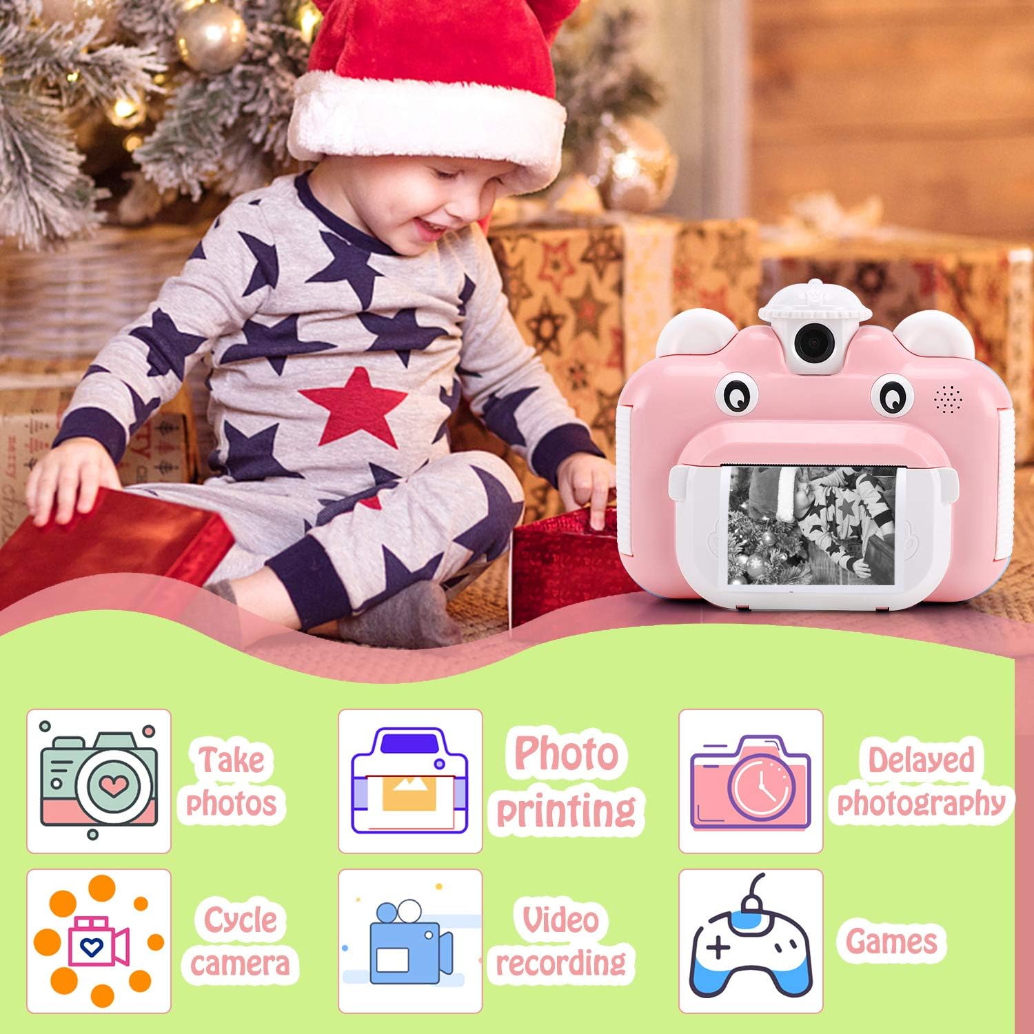 Barchrons Instant Print Digital Kids Camera 1080P Rechargeable Kids Camera for Girls Video Camera with 32G SD Card Gift for 6-12 Years Old Girls Boys Merry Christmas