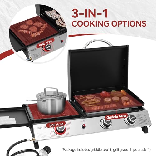Royal Gourmet PD1305H 3 Burner Propane Gas Grill and Griddle Combo with Lid, 3-in-1 Grill Griddle Combo with 29,000 BTUs Output for Outdoor Cooking, 364 Sq. In. Cooking Area, Silver & Black
