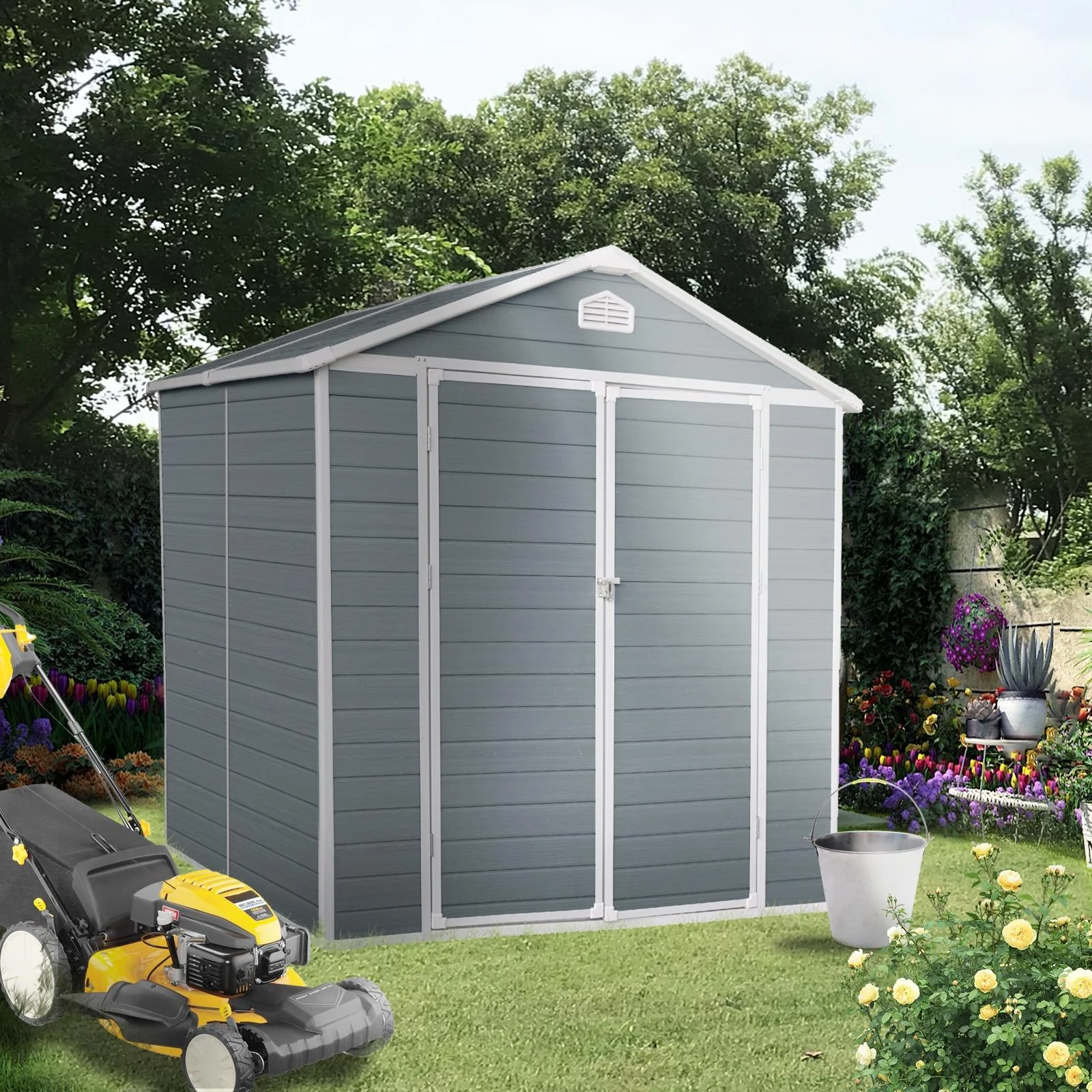 8' x 6' Outdoor Resin Storage Shed, Backyard Plastic Sheds with Reinforced Floor, Lockable Door, Garage Patio Garden Storage Shed, Gray