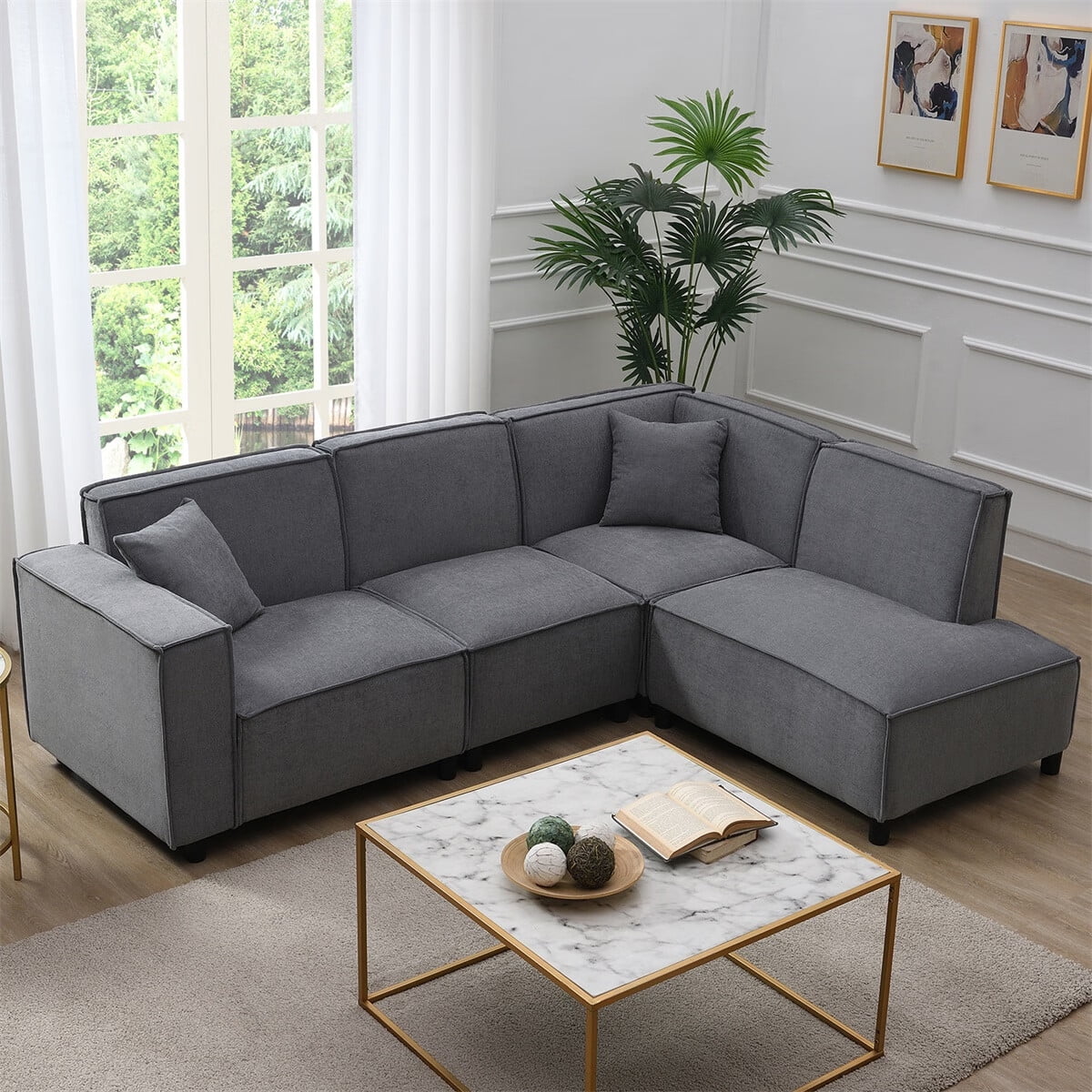 SENTERN 97*74" Modern Minimalist Style Sectional Sofa,L-shaped Couch Set with 2 Free pillows,5-seat Chenille Fabric Couch with Chaise Lounge for Living Room