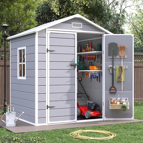 6x6FT Resin Outdoor Storage Shed, Plastic Garden Shed with Floor, Lockable Door & Window, Waterproof Tool Shed for Bike, Garbage Can, Lawn Mower, Patio Furniture Grey White