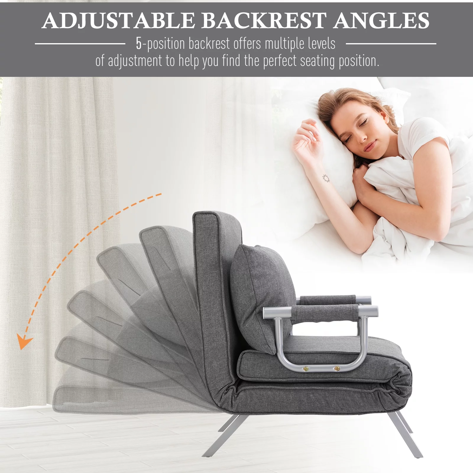 HOMCOM Single Person Folding 5 Position Convertible Sofa Bed Linen Sleeper Chair, Light Grey