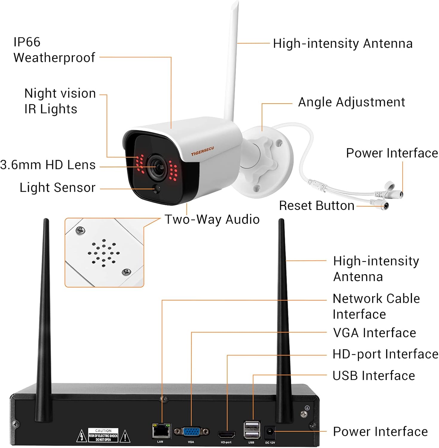 TIGERSECU 1080P WiFi NVR Security Camera System with Two Way Audio, 1TB Hard Drive, H.265+ 8 Channel NVR with 4 1080P Wi-Fi IP Cameras for Indoor/Outdoor Use