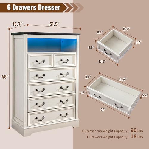 Dresser for Bedroom with Charging Station & LED Light,Tall Dresser & Chests of Drawers with 6 Drawers,Vintage Gray