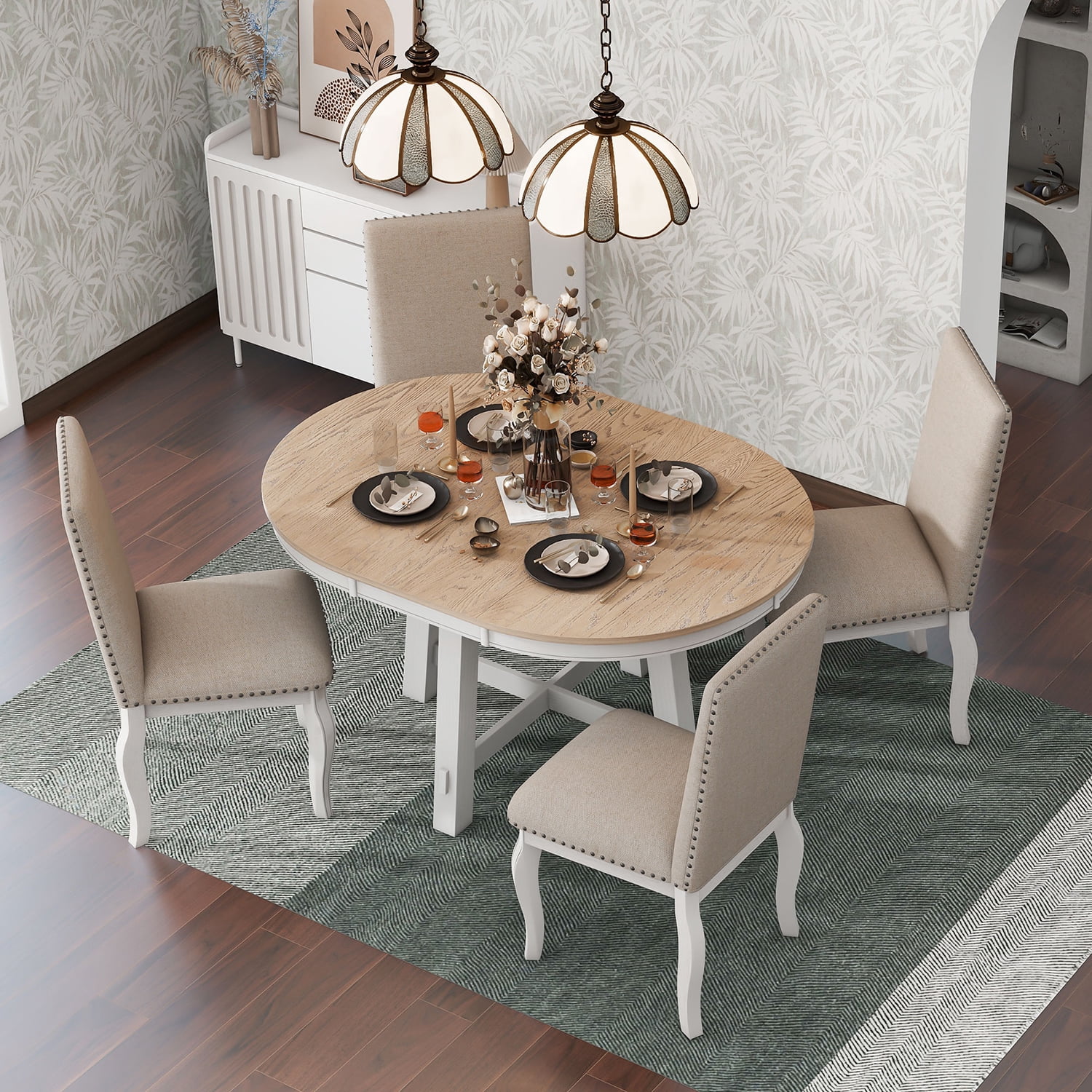 Churanty 5 Piece Farmhouse Dining Table Set Wood Round Extendable Dining Table and 4 Upholstered Dining Chairs,Oak Natural Wood + Antique White
