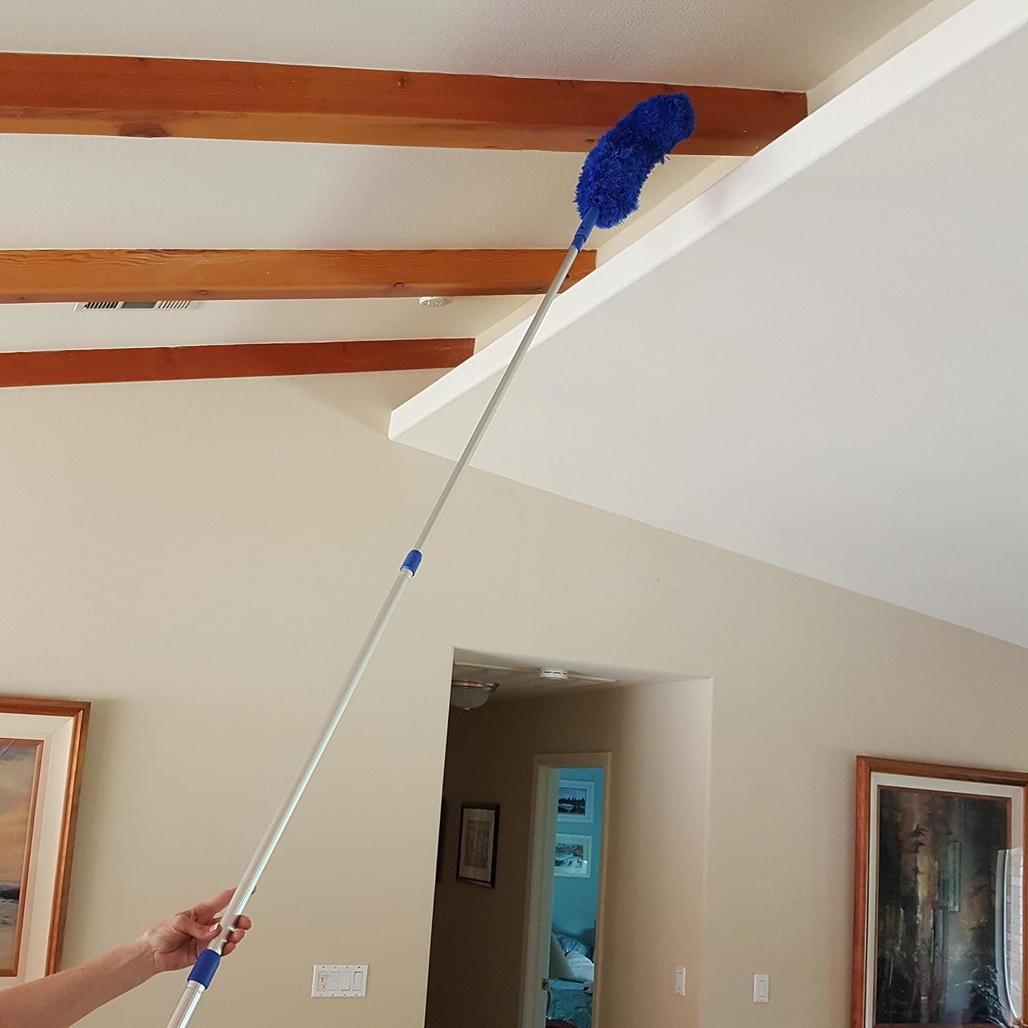 Blue Extension Rod Ceiling Duster with 18-20 feet Reach 3-Stage Aluminum Telescoping Pole - Cathedral, Cobweb, Microfiber, Ceilings Fan Duster Includes 2 Hand Dusting Kit