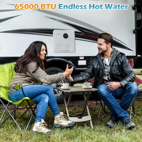 RV Tankless Water Heater DC 12V Instant Endless Hot Water with 15 x 15 inches White Door and Remote Controller LCD Display Compatible with all RV