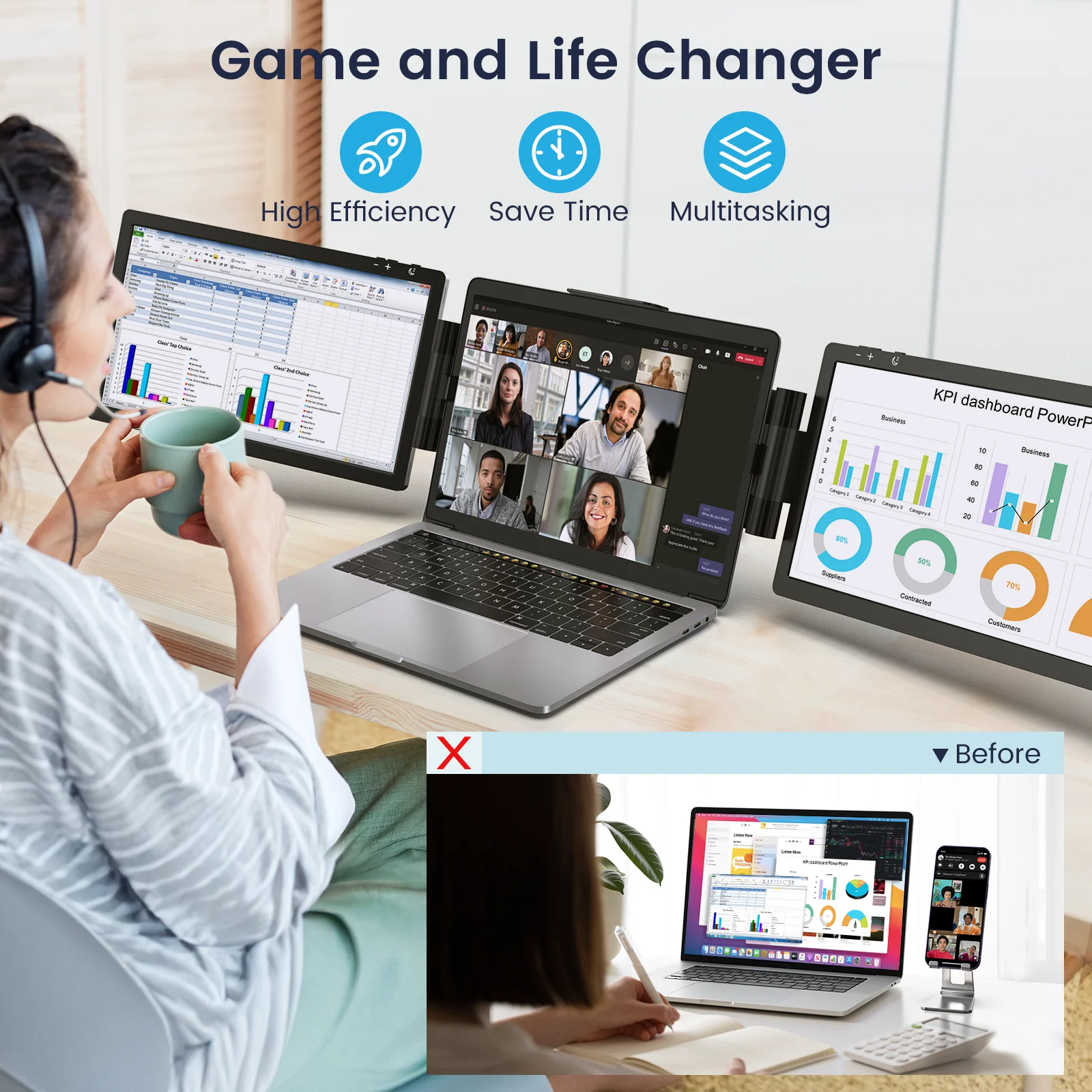 Limink Laptop Screen Extender Triple Extended Monitor for 13 to 16 inch Laptop Display Attachable Portable Travel Monitor Gaming Monitor 12inch Dual Screen 1080P Plug & Play No Need Driver