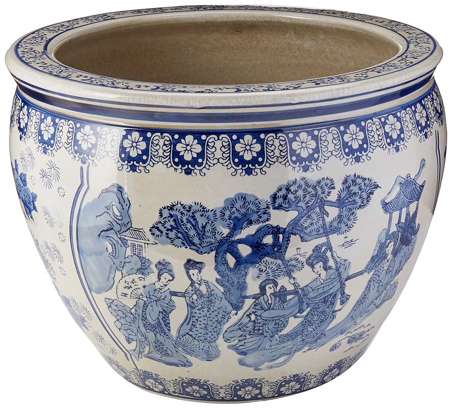 Oriental Furniture 16" Ladies Fishbowl, Blue & White Porcelain