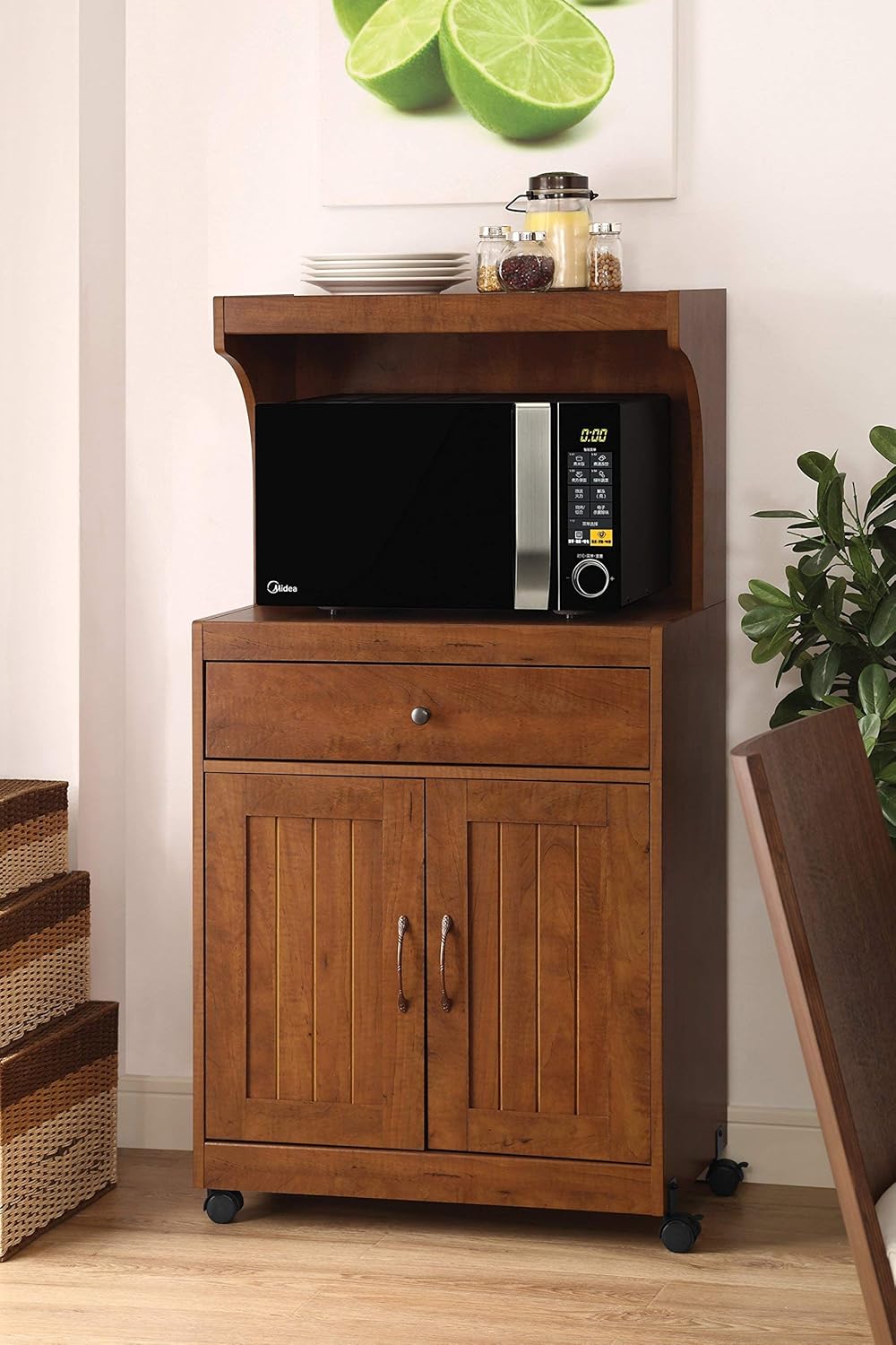 Home Source Industries Kevin Oak Microwave Cart, Light Walnut