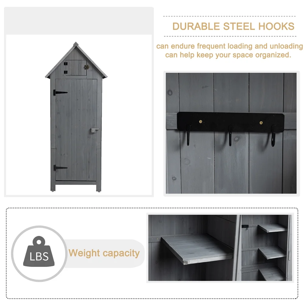 Outdoor Storage Cabinet, Garden Wood Tool Shed, Outside Wooden Shed Closet with Shelves and Latch for Yard, Patio, Deck and Porch, Wooden Garden Shed Gray