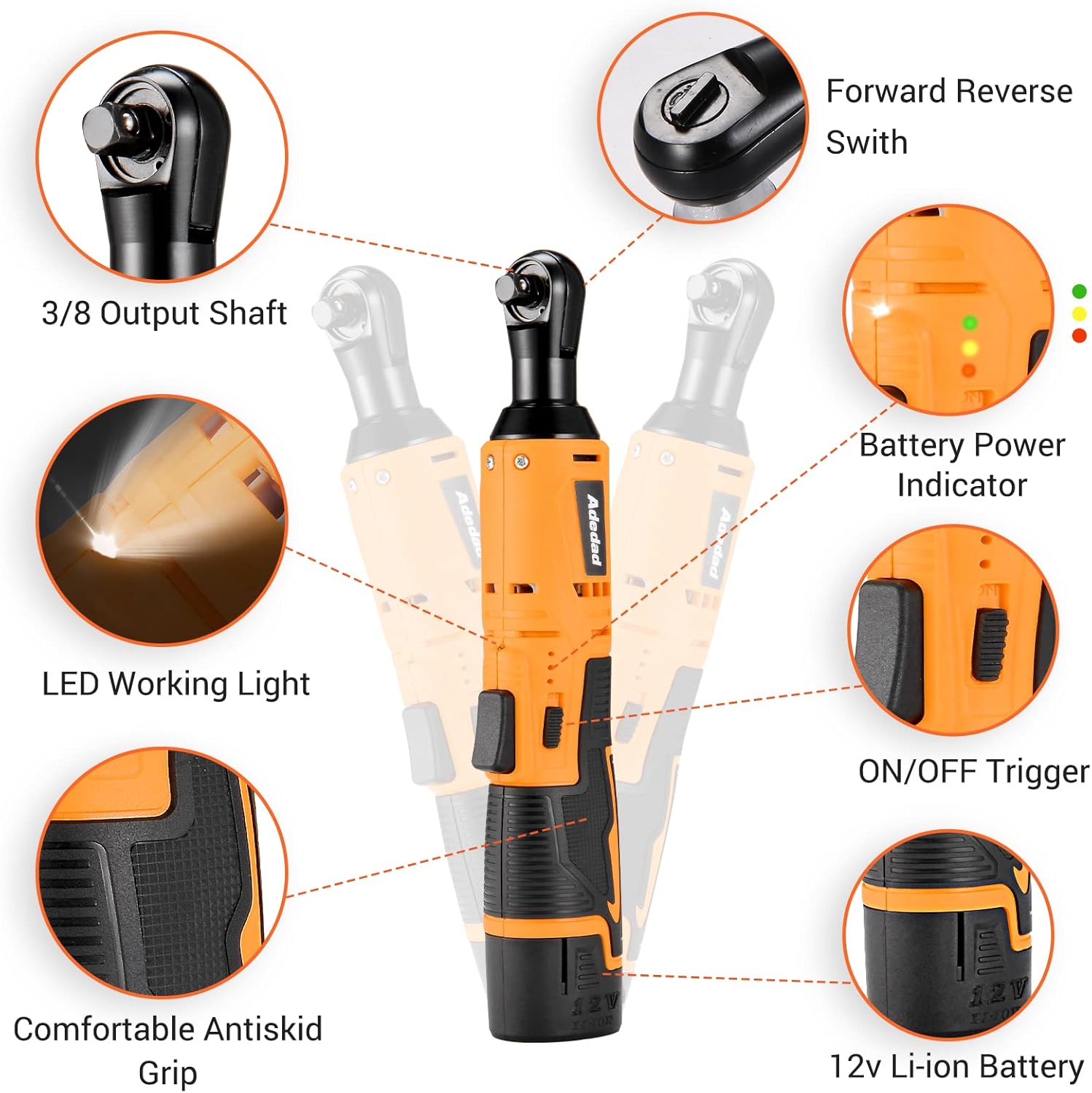 Adedad 12V Cordless Brushless Ratchet Wrench & Drill, 3/8" 40Ft-lbs Torque 400 RPM Ratchet Wrench & 21+1 Metal Drill with 2 Batteries Home Power Tool Set