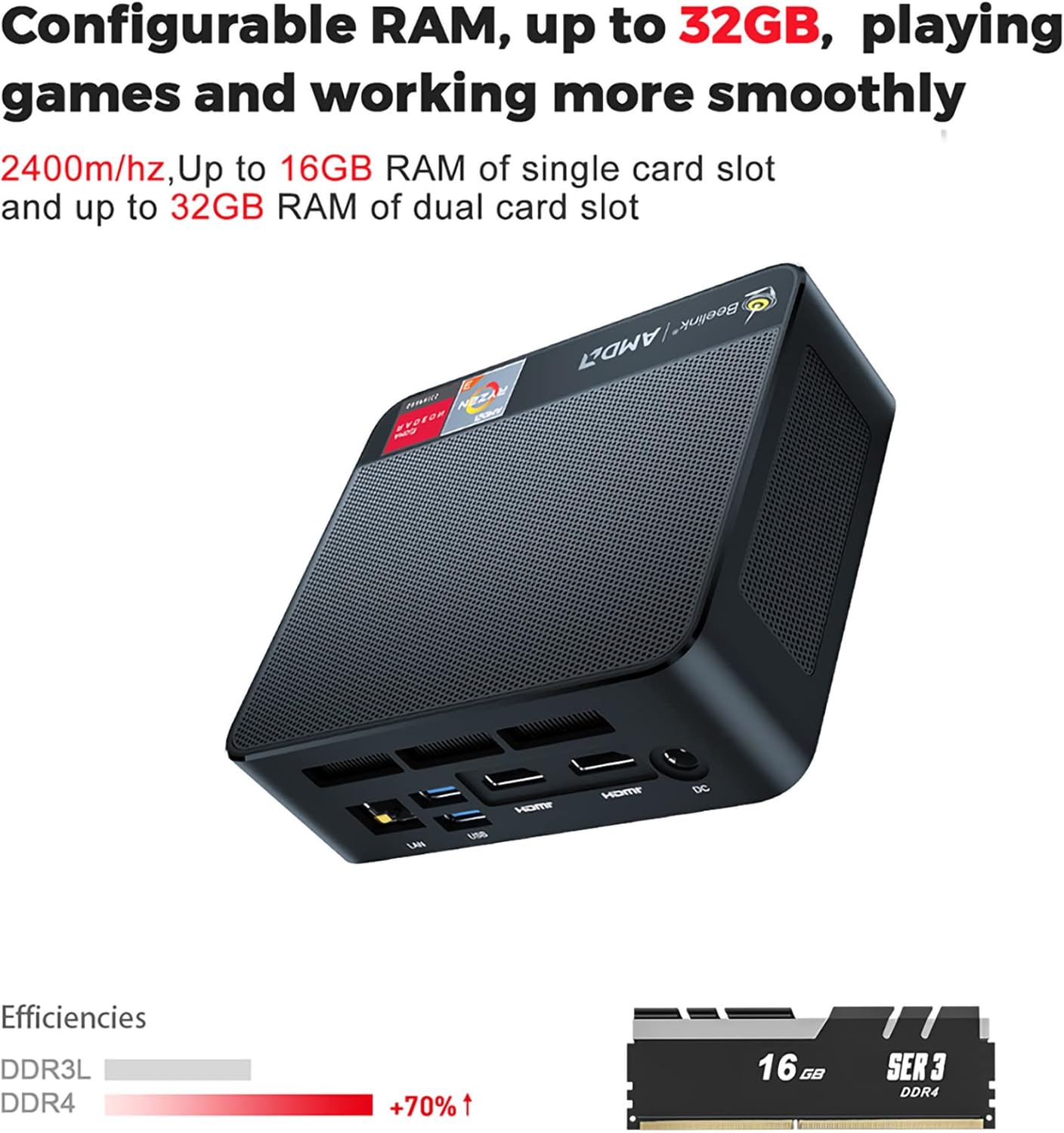 Beelink SER3 Versatile Mini PC Windows 11 Pro, AMD Ryzen 3 3200U(up to 3.5GHz) 2C/4T, Dual Channel RAM Up to 32GB, Radeon Vega 3 Graphics to Support 4K@60Hz Dual Display Support Win11(16GB/500GB)