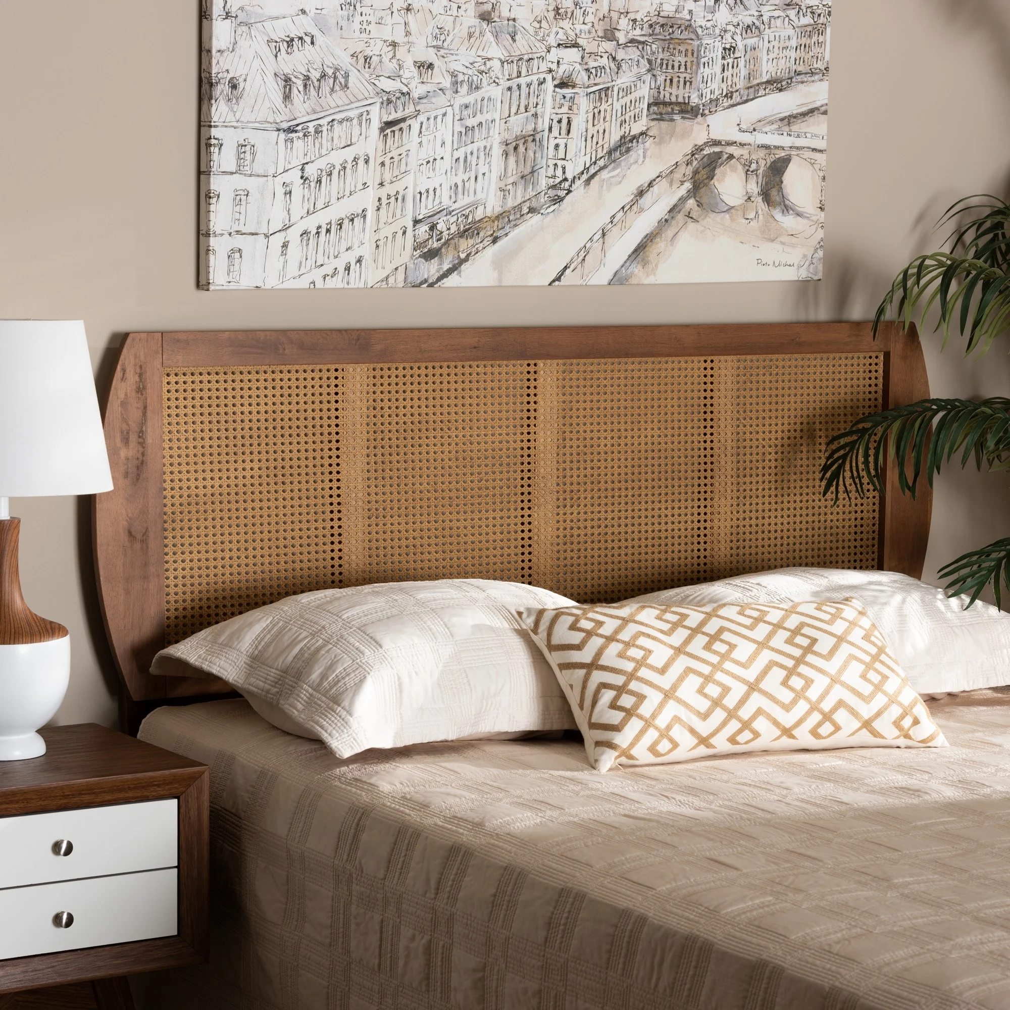 Baxton Studio Harris Ash Walnut Wood and Synthetic Rattan Headboard King