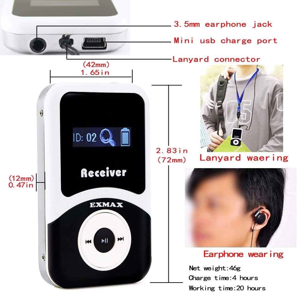 EXMAX® ATG-100T 195-230MHz Wireless Tour Guide System Simultaneous Translation Interpreting Equipment for Church Translator in Your Ear Translation Devices 1 Transmitter 15 Receivers + Charge Station