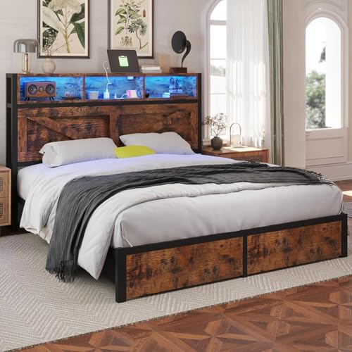 Farmhouse Full Bed Frame with Bookcase Headboard and Storage Drawers, LED Lights and Charging Station, No Box Spring Needed, Noise Free, Rustic Brown