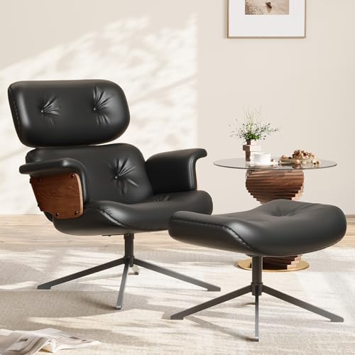 Mid Century Recliner Swivel Chair with Ottoman, Ergonomic Armchair with Comfy Cushion, Walnut Wood Base, PU Leather, Heavy Duty Support for Living Room, Black