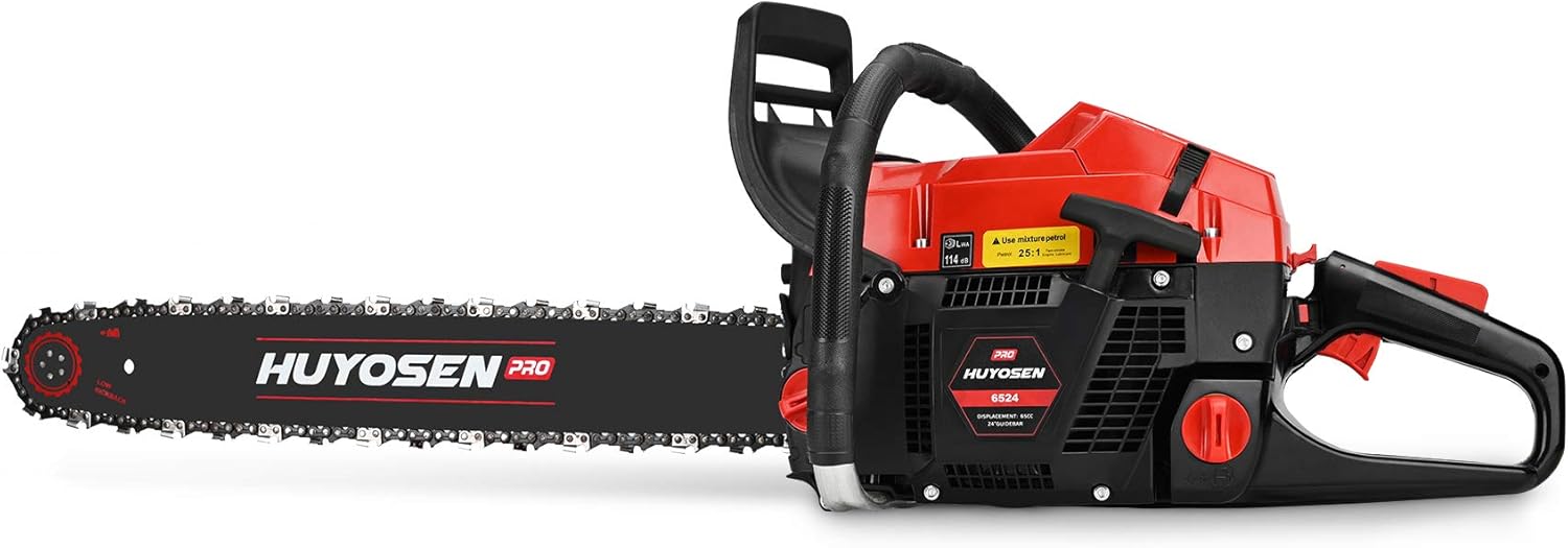 HUYOSEN PRO Gas Chainsaw,65CC 2-Cycle Gasoline Powered Chain Saws, 24-Inch Chainsaw, Handheld Cordless Petrol Trees Chainsaw Gas for Wood Farm Garden and Ranch Forest Tree Cutting