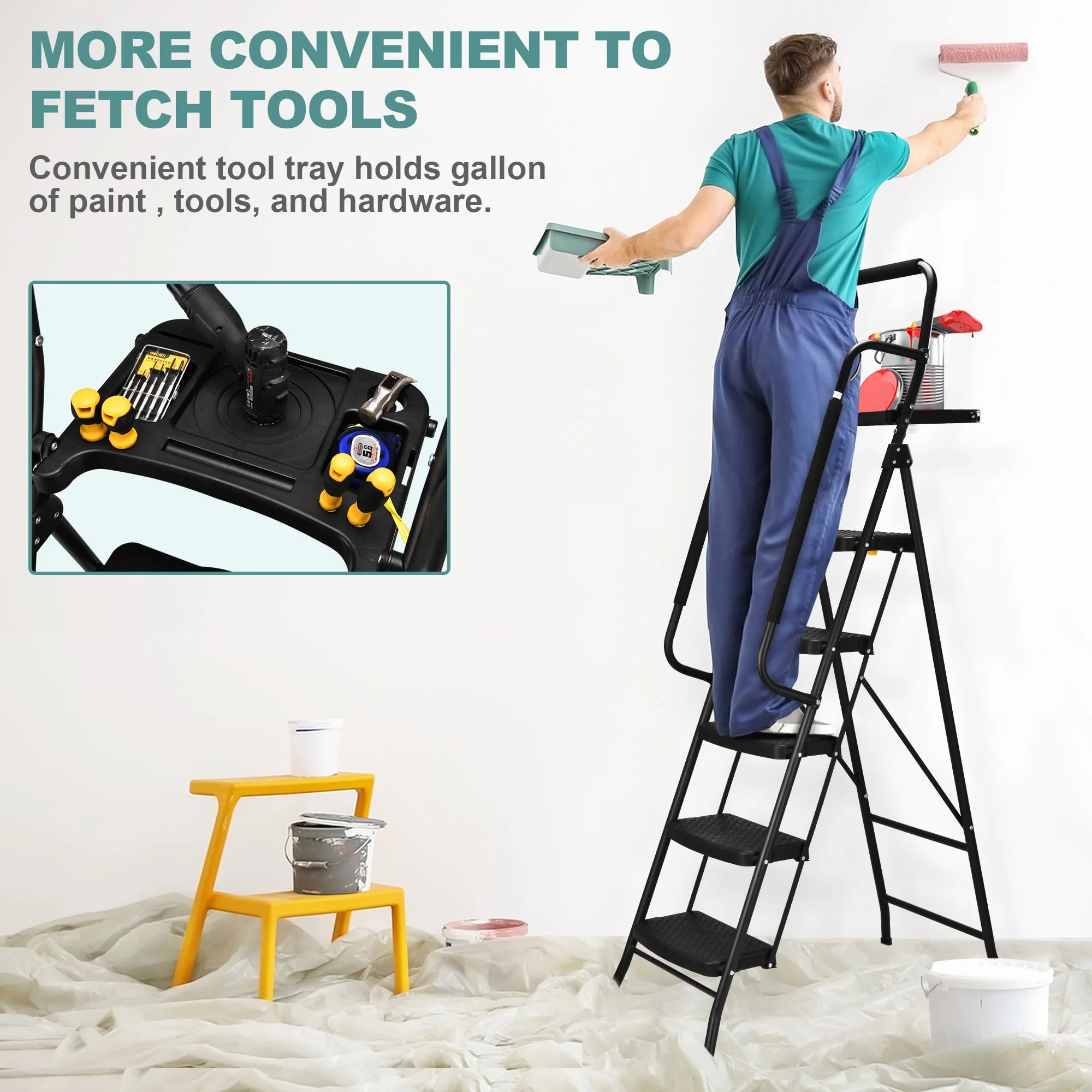 HBTower Folding 5-Step Ladder, 330lbs, with Handrails and Tool Tray and Anti-Slip Pedal, Black