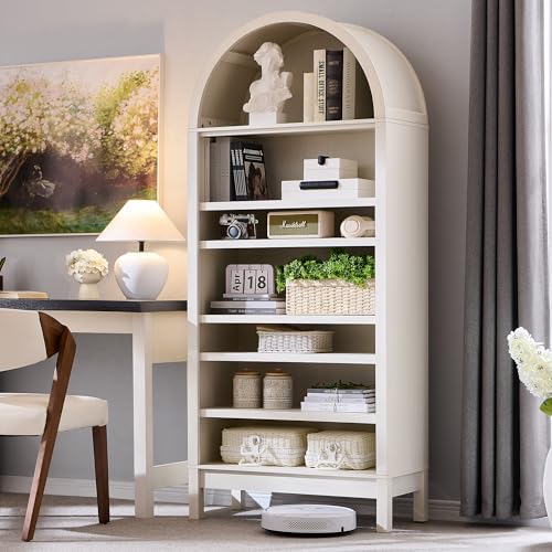 71" Tall Arched Bookshelf, 7 Tiers Arch Bookcase with Storage, Modern Farmhouse Book Shelf with Adjustable Shelves, Wood Bookshelf w/Open Display Shelves for Living Room, Office (Natural)