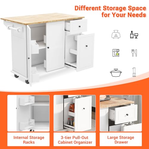 LUMISOL Kitchen Cart with Wood Top, Rolling Kitchen Island Cart with Spice Rack, Towel Rack and 4 Drawers, Storage Cabinet with Open Shelves and Door
