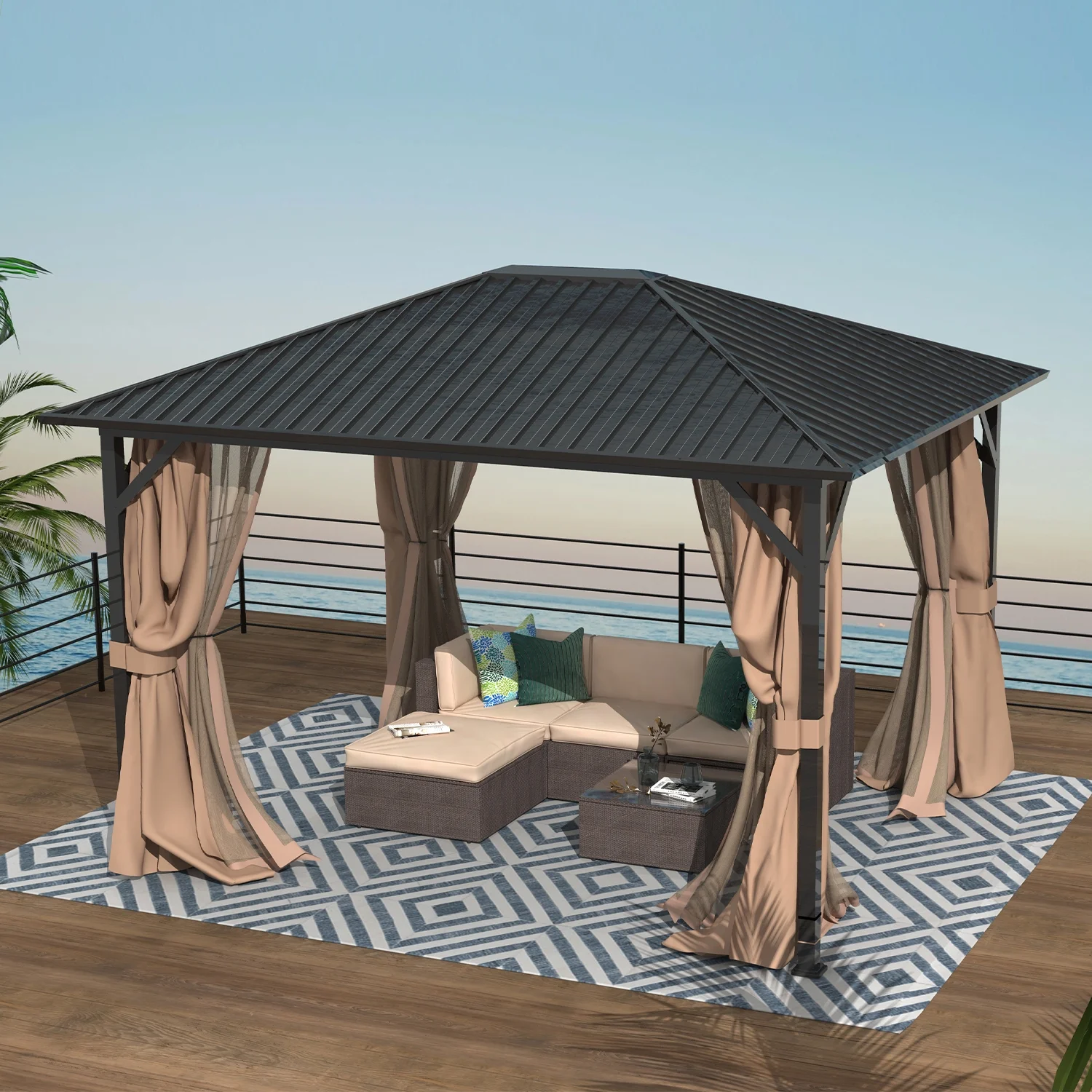 FineFind 10' x 12' Hardtop Gazebo Outdoor Metal Canopy Gazebo with Netting and Curtains for patios  all season