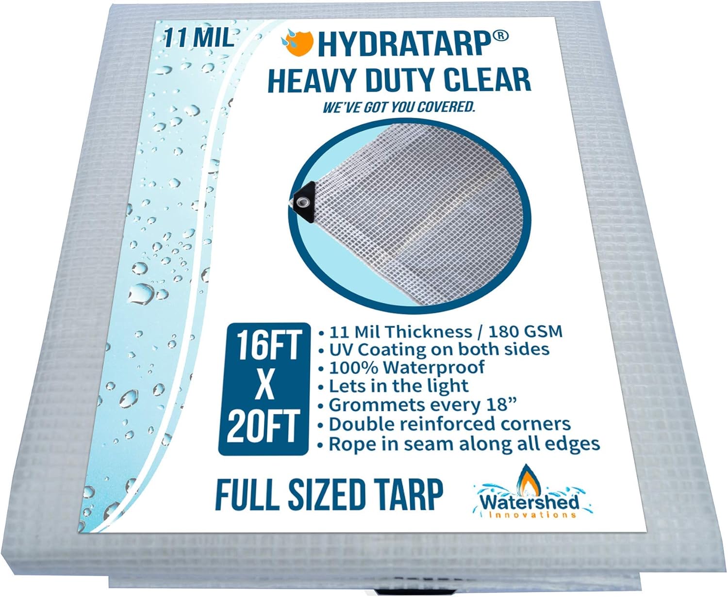 Watershed Innovations HydraTarp, UV Coated 11 Mil Thick Clear Greenhouse Tarp for Outdoor Camping, RV, Trucks and Trailers, 20 by 30 Feet