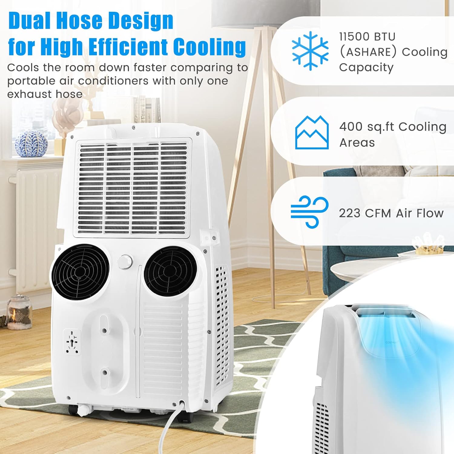 COSTWAY 11,500 BTU Portable Air Conditioner, with Dual Hose, Remote Control, Powerful AC Unit Rooms up to 400 Sq.Ft. with Dehumidifier, Fan, Sleep Mode, 24H Timer & Window Installation Kit