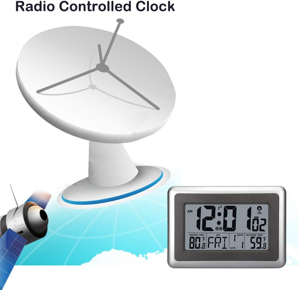 Atomic Wall Desk Clock Large Display with Indoor Outdoor Temperature Date Calendar, Digital Alarm Clock Battery Operated Without Backlight for Kitchen Bedroom