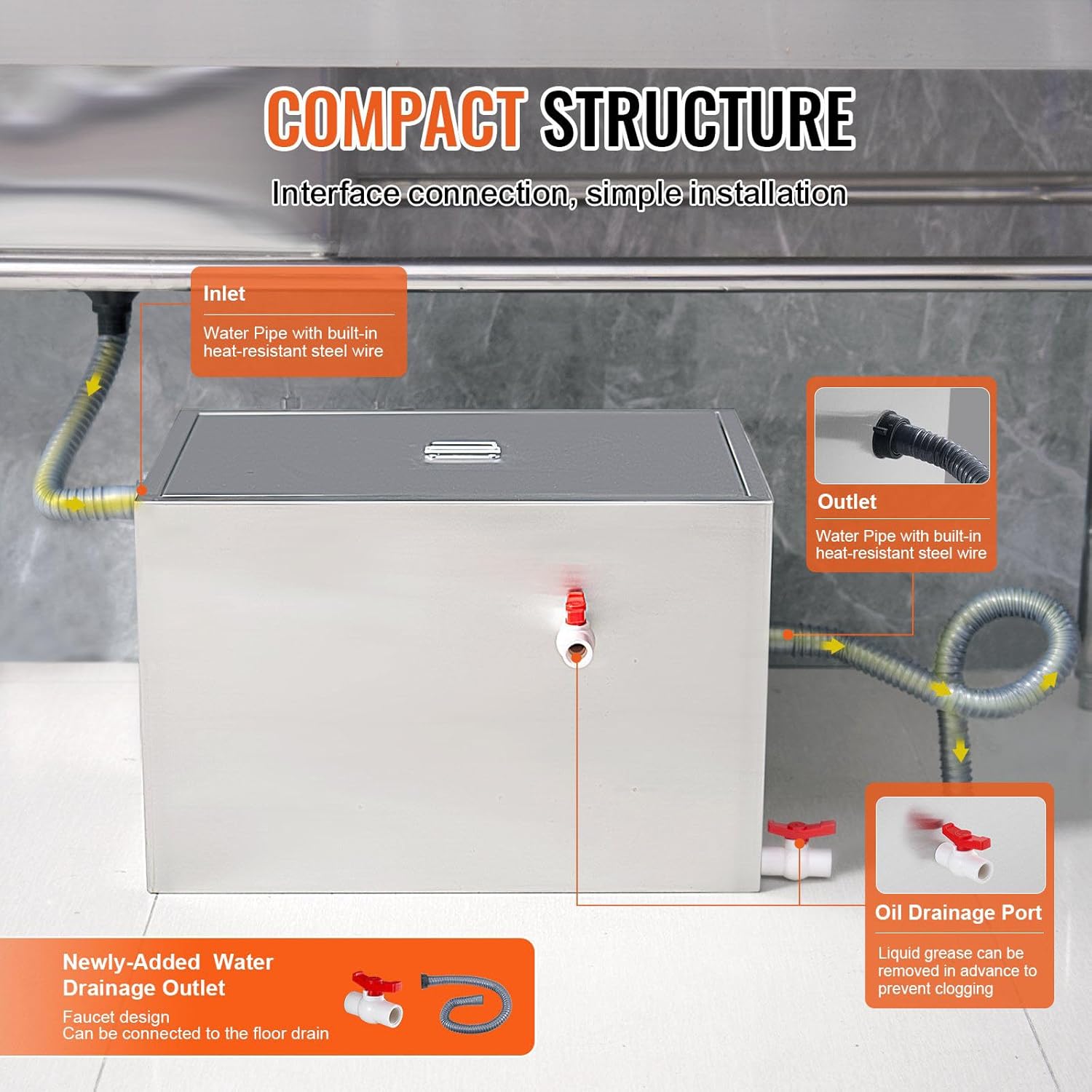 40LB Commercial Grease Interceptor Trap Stainless Steel Waste Water Filter - Kitchen Restaurant Grease Trap, 1XBV003263, None*None*None