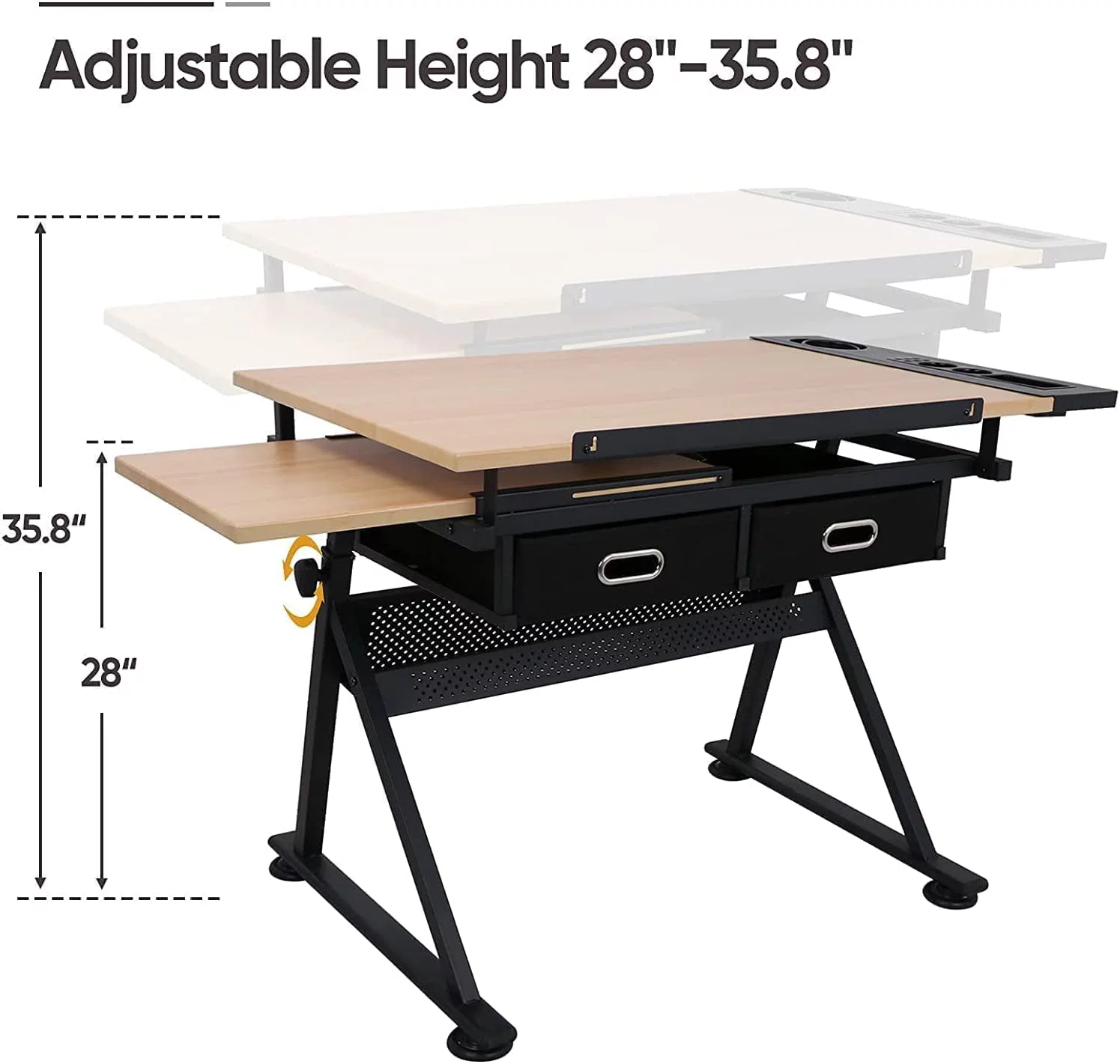 MDF Drafting Table Desk Art&Craft Work Station Drawing Desk Height Adjustable Craft Table w/Stool and 2 Storage Drawers for Home Office School Study Room