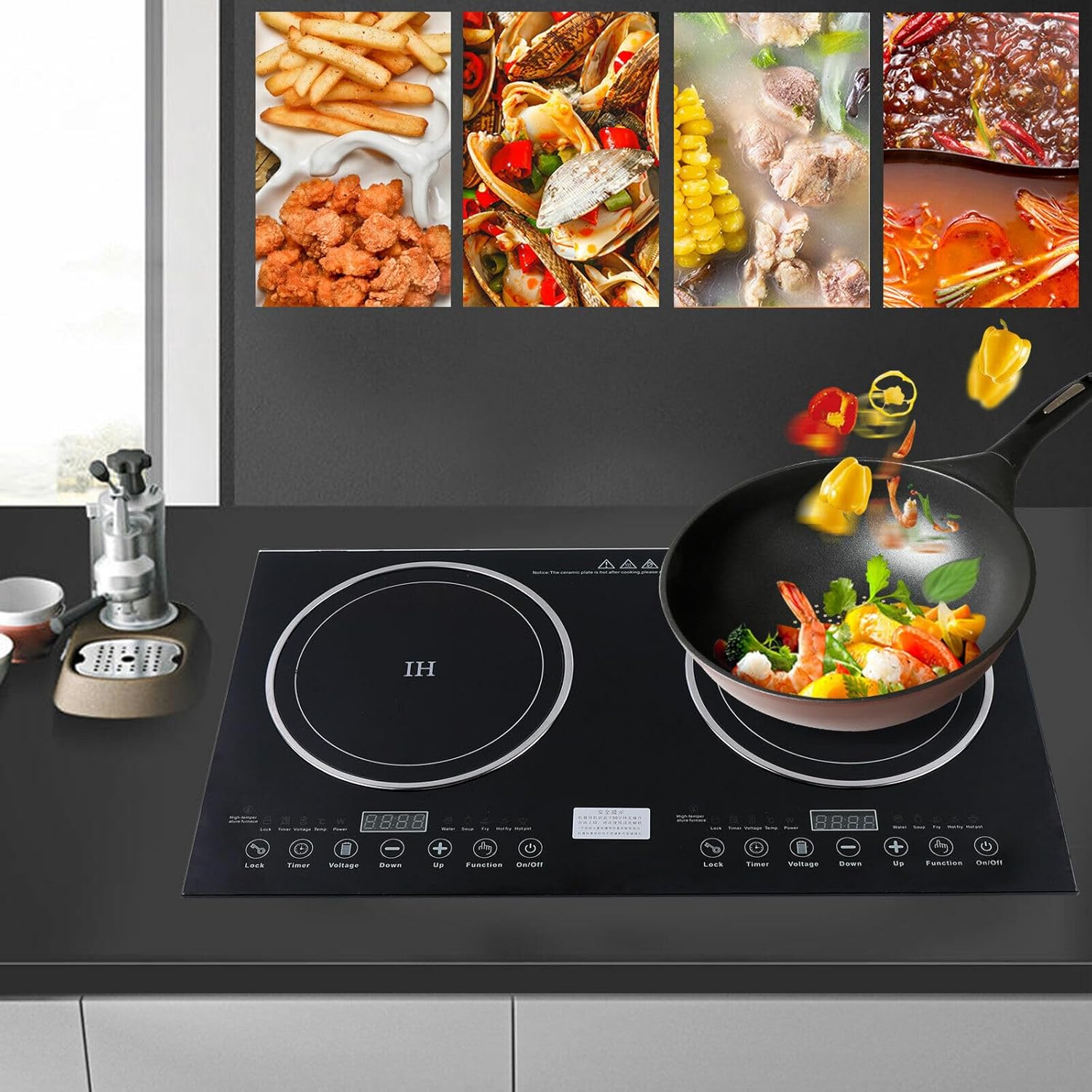 Induction, 110v 2-Burner Induction Cooking Portable Induction Dual Burner Design Built-In and Countertop Electric Cooktops Touch Buttons Multiple Cooking Functions Easy to Operate