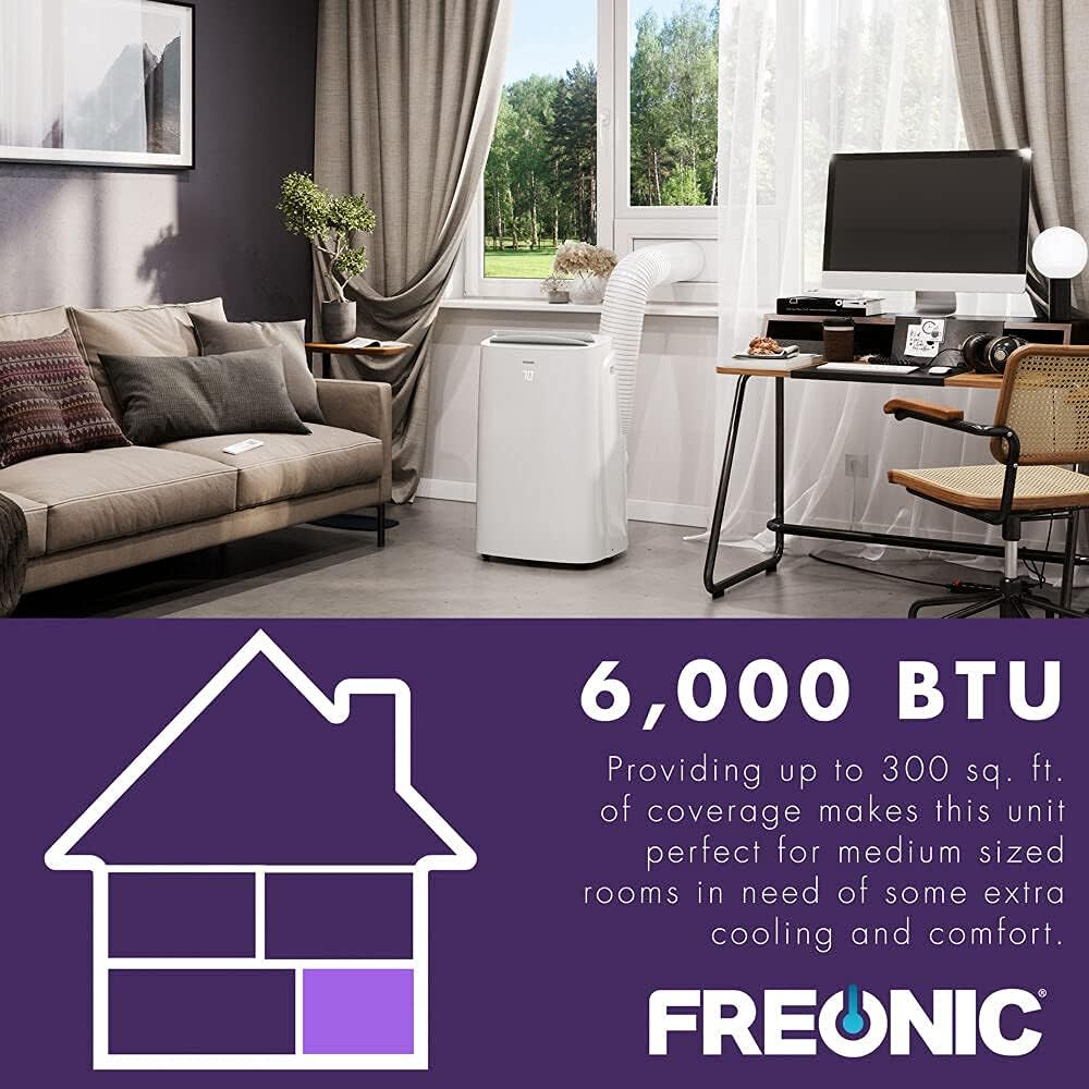 6,000 BTU Portable Air Conditioner | AC for Rooms up to 300 Sq.Ft. | LED Display | 24H Timer | Auto-Restart | Sleep Mode | Dehumidifier | White | FHCP061AKR