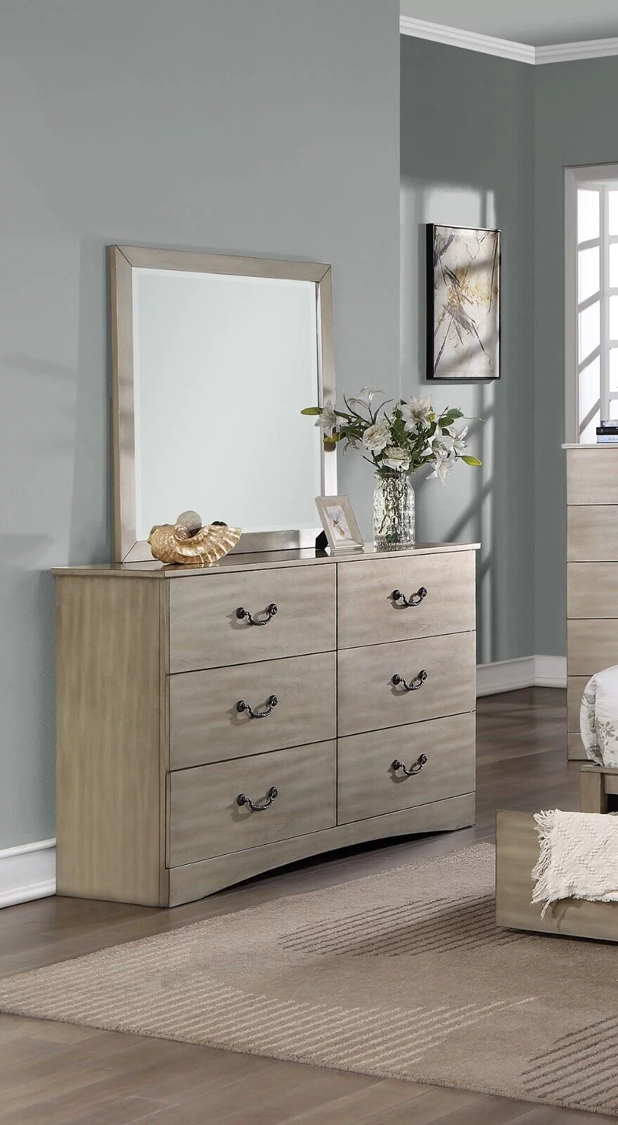 6pc Bedroom Set Classic Chic Cal King Size Bed w underbed Drawer Dresser Mirror Nightstands Chest Light Tan Finish Hue Furniture
