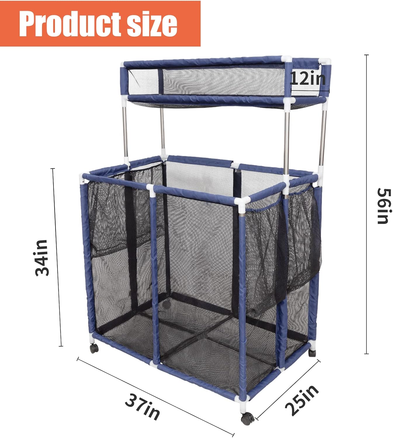 Double Tier Rolling Pool Toy Storage Cart Bin - 37"L x 25"W x 56"H Pool Storage Organizer Bin Cart with Top Shelf & Side Pockets, Pool Nylon Mesh Basket Organizer for Floats Noodles Goggle Accessories