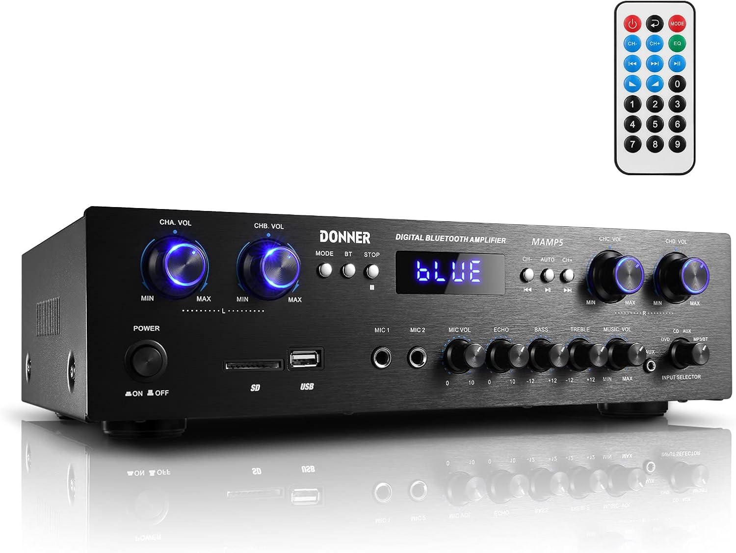 Donner Bluetooth 5.0 Stereo Audio Amplifier Receiver, 4 Channel, 440W Peak Power Home Theater Stereo Receiver USB, SD,FM, 2 Mic in Echo, RCA, LED, Speaker Selector for Studio, Home-MAMP5