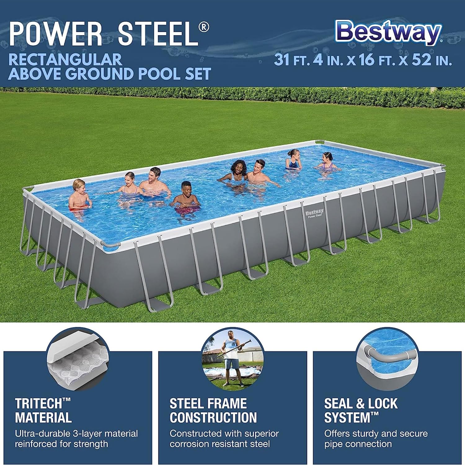 Bestway Power Steel 31' 4" x 16' x 52" Rectangular Metal Frame Above Ground Swimming Pool Set with 2,200 GPH Filter Pump, Ladder, and Pool Cover