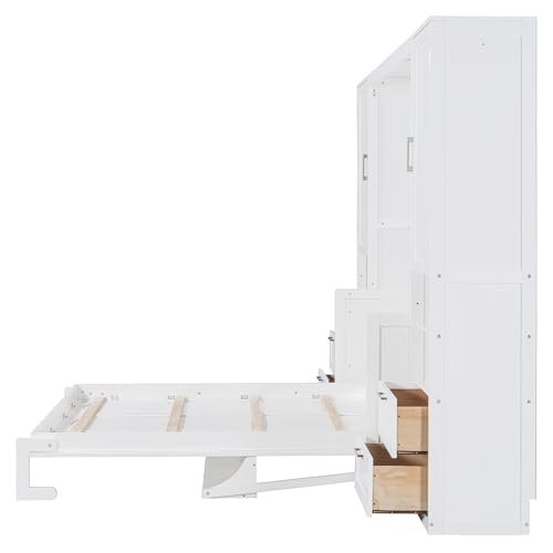 Merax Queen Size Murphy Bed with Desk, Space-Saving Wall Bed Frame with Closet, Drawers and Shelves, Foldable Platform Bed for Small Spaces Studio Study Office Guest Room, Gray