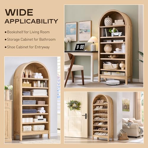 71" Tall Arched Bookshelf, 7 Tiers Arch Bookcase with Storage, Modern Farmhouse Book Shelf with Adjustable Shelves, Wood Bookshelf w/Open Display Shelves for Living Room, Office (Natural)