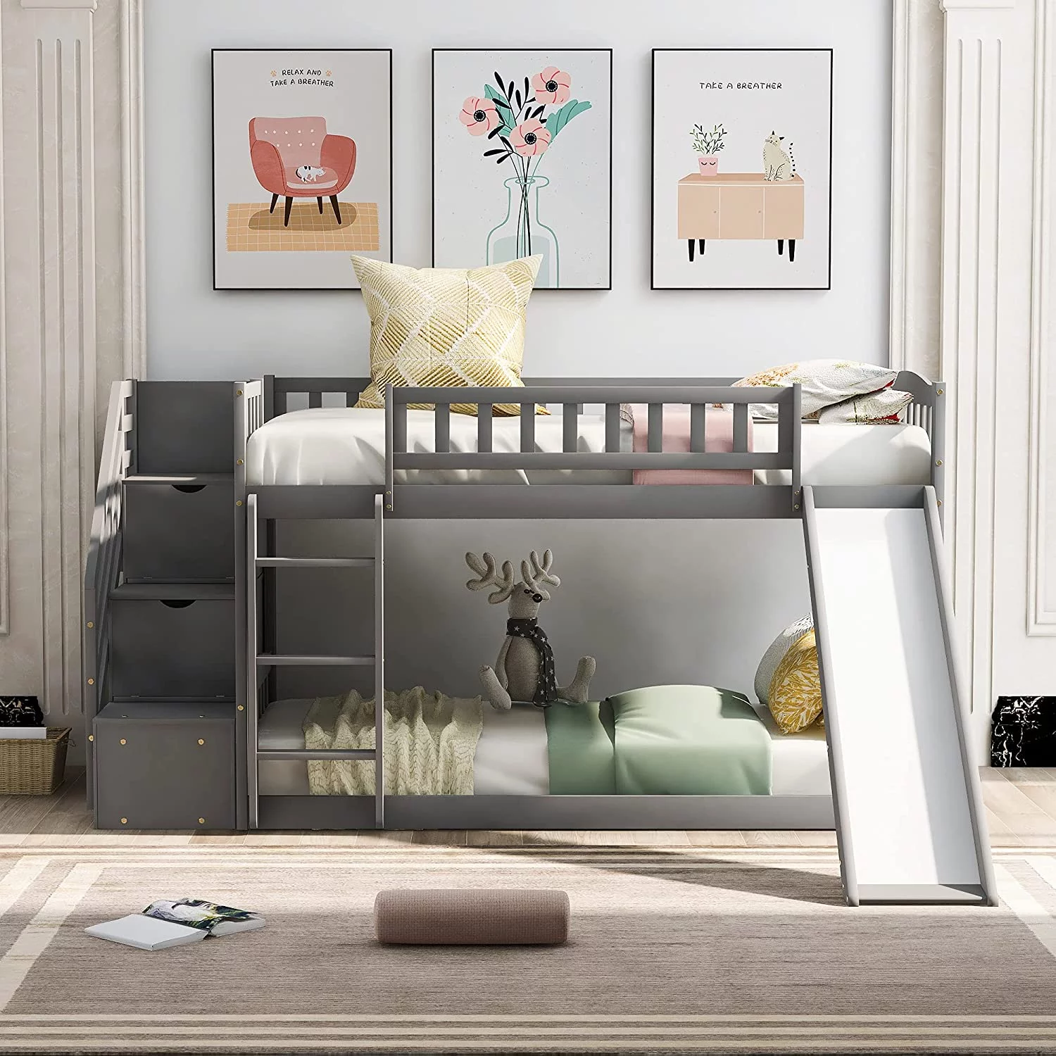 Kids Bunk Bed Over , Wooden Bunk Bed With Slide And Guardrail, Floor Bunk Bed With Stairway/Two Drawers/Handrail, Space-Saving Bedroom Dormitory Furniture (Gray)