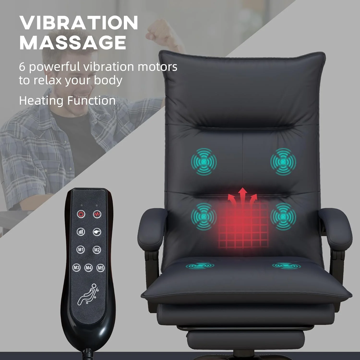 Massage Office Chair With 6 Vibration Points, Executive Computer Desk Chair, Heated Reclining Chair With Footrest, Armrest, Double Padding - Charcoal Gray