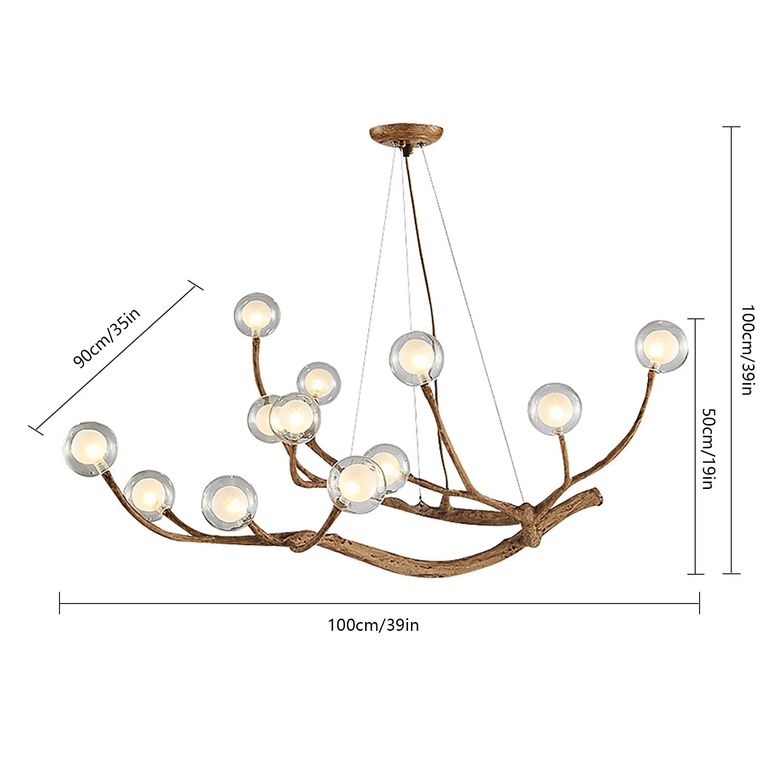 Miumaeov Modern Wood Branch Chandelier, 12 Lights Glass Bubble LED Pendant Ceiling Light, Adjustable Hanging Vintage Flush Mount Ceiling Light Fixture