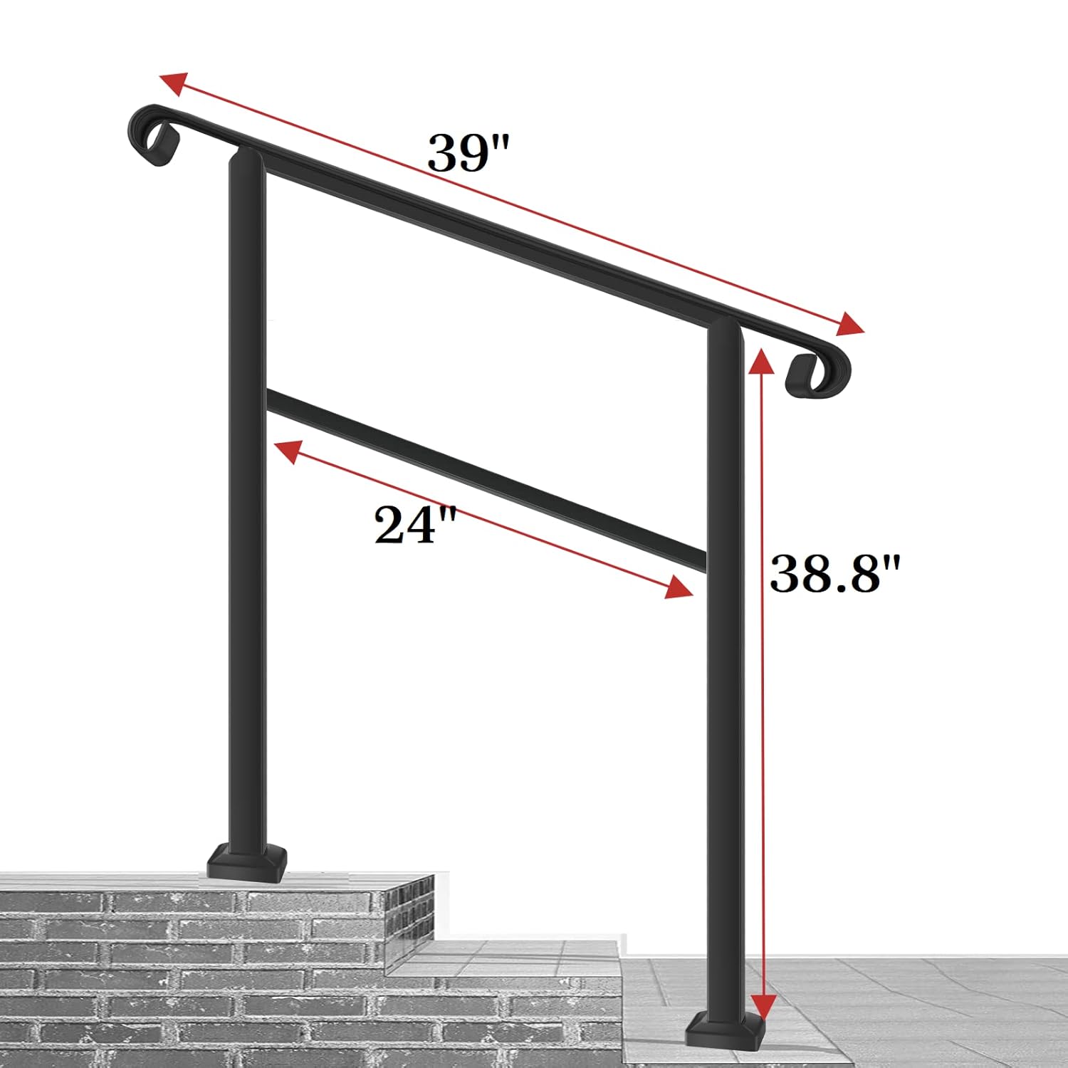 SCARIUOutdoor Stair Railing, Fit 1 or 3 Steps Handrails for Outdoor Steps, Black Wrought Iron Handrail, Flexible Front Porch Hand Rail, Transitional Handrails for Concrete Steps or Wooden Stairs