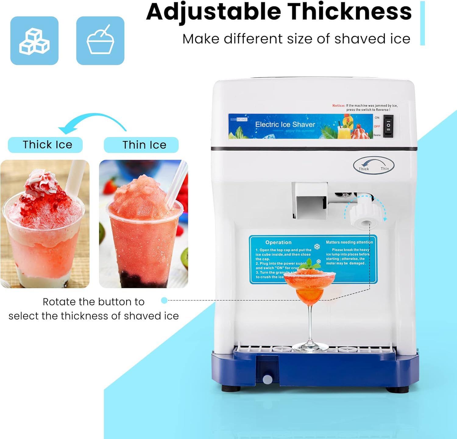 VIVOHOME Electric Ice Crusher Shaver Snow Cone Maker Machine 265lbs/hr for Home and Commercial Use Blue