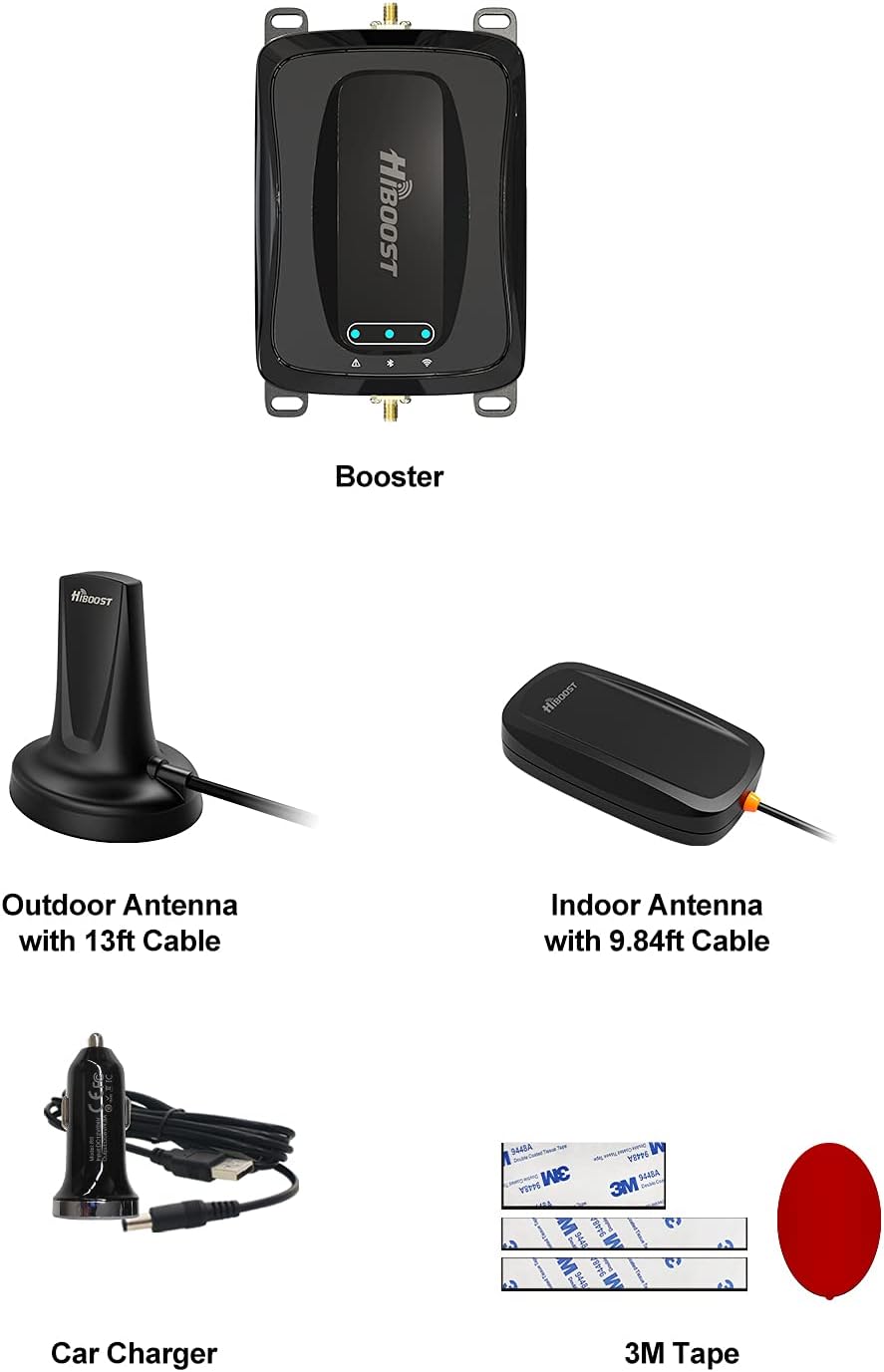 HiBoost Vehicle Cell Phone Signal Booster for Car, SUV, Van. APP fine Tune MAX gain. Car Cell Phone Booster for All U.S. Carriers-Verizon AT&T T-Mobile Sprint & More, FCC Approved