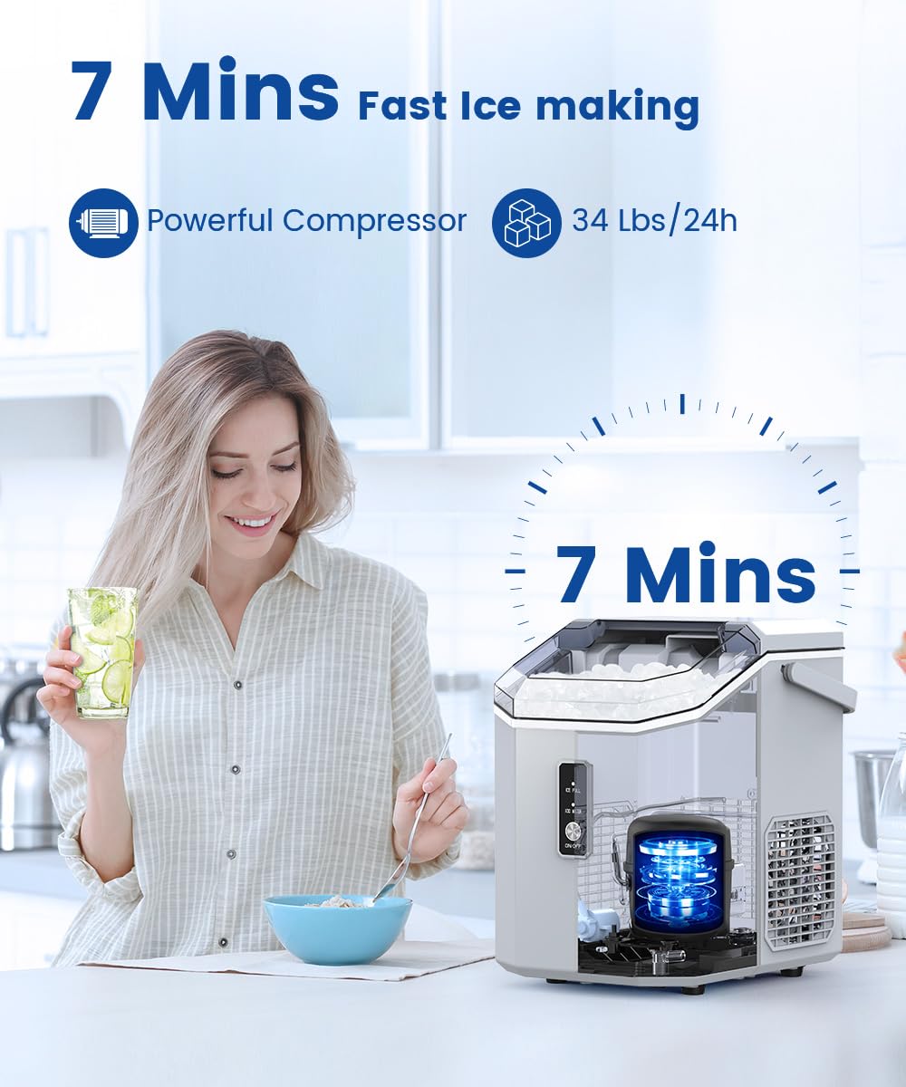 COWSAR Ice Maker, Nugget Ice Maker Machine, Portable Ice Machine with Self-Cleaning, 34Lbs/Day, Ice Makers Countertop with Handle, Ice Scoop and Basket for Home Office Party