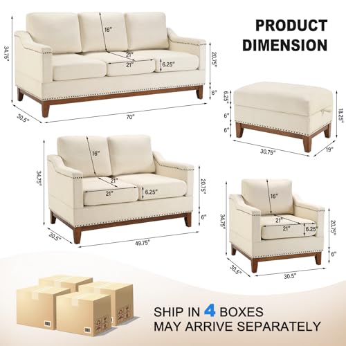 Classic 3-Seater Upholstered Sofa with Nailhead Trim, High-Density Foam Cushions & Sturdy Solid Wood Legs, Soft Fabric Couch for Living Room, Beige